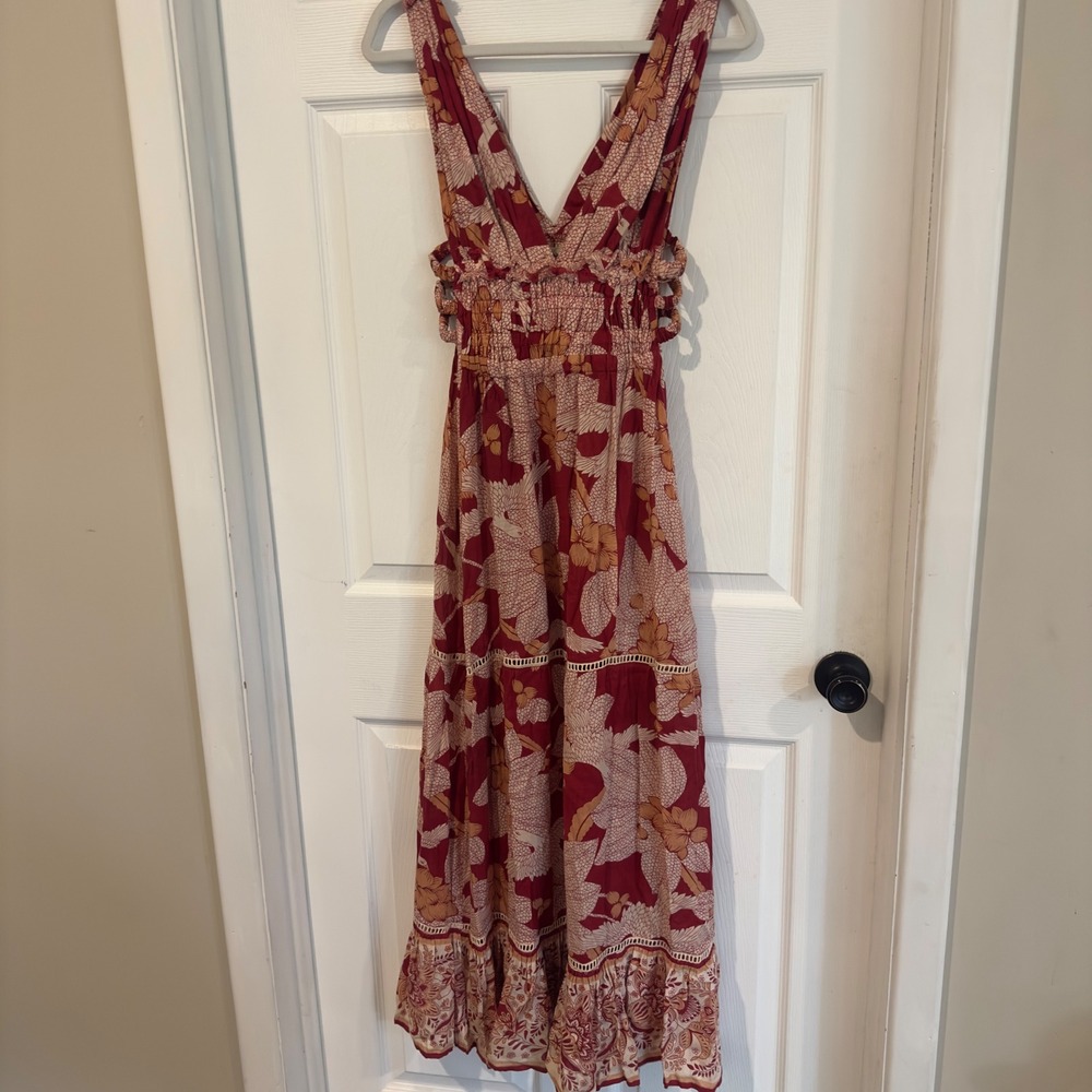 Z&L Europe Womens Red Floral Bird Print Smocked Waist Cutout Maxi Dress Size M